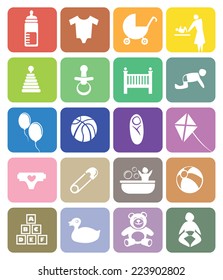 Colorful vector icons on baby and parenting theme. Isolated on white background