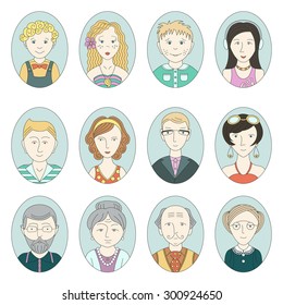 Colorful vector icons with people. Family set: grandmother, grandfather, grandson, granddaughter, daughter, son, husband, wife, uncle, aunt