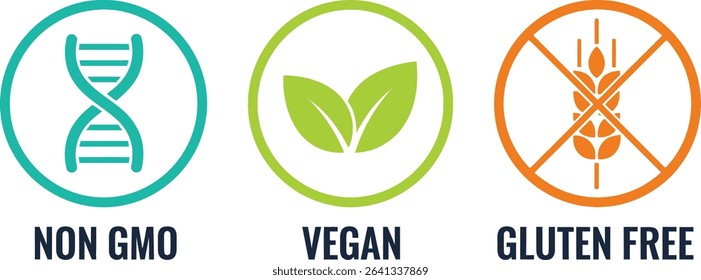 Colorful vector icons represent a healthy lifestyle, showcasing non-GMO, vegan, and gluten-free attributes for food products. Ideal for labels, badges, and designs promoting organic, dietary choices.