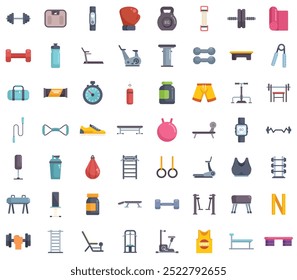 Colorful vector icons representing a variety of fitness and gym equipment for a healthy lifestyle