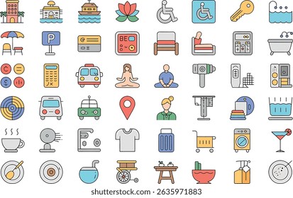 Colorful vector icons representing various services and elements for travel and lifestyle