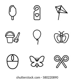colorful vector icons. Set of 9 colorful outline icons such as butterfly, baloon, bucket toy for beach, kite, heart tag, mouse, candy cane
