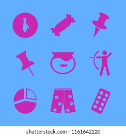 colorful vector icons set. with candy, push pin, tie and blister pack in set