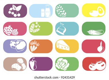 colorful vector icons set with decorative food silhouette on white background