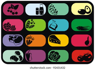 colorful vector icons set with decorative food silhouette on black background
