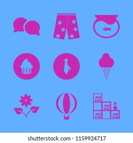 colorful vector icons set. with flower, bookcase flower pot, balloon and shorts in set