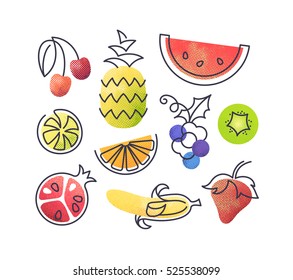 Conjunto de frutas coloridas de ícones vetoriais. Isolado design criativo objetos de vida saudáveis. Comida vegetariana e vegana texturizada de meio-tom e pacote de símbolos monolínicos. Sem gradientes.