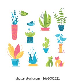 Colorful vector icons' set of indoor plants, cactuses and creative floral design elements. 