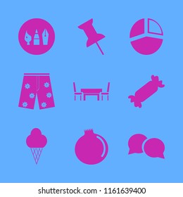 colorful vector icons set. with push pin, speech bubbles, table chairs and shorts in set