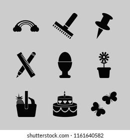 colorful vector icons set. with push pin, flower pot, cake and ruler and pencil in set