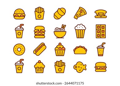 Colorful vector icons of various fast food items