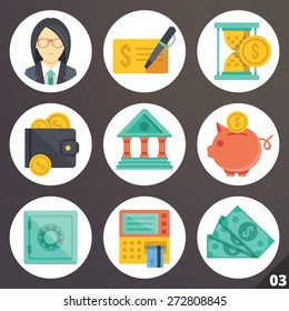 Colorful vector icons for web and mobile applications. Banking concept. Isolated on stylish dark background. Set 3