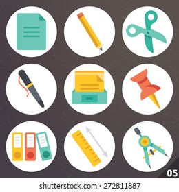 Colorful vector icons for web and mobile applications.  Office supplies concept. Isolated on stylish dark background. Set 5