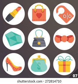 Colorful vector icons for web and mobile applications. Female shopping concept. Isolated on stylish dark background. Set 7