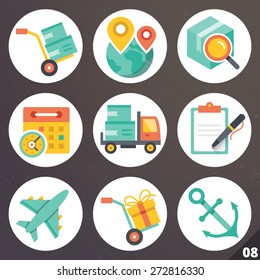 Colorful vector icons for web and mobile applications. Transportation and delivery service concept. Isolated on stylish dark background. Set 8