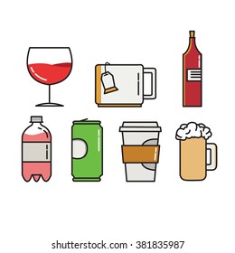 Colorful vector icons of wineglass, cap for tea, wine bottle, bottle with gass, jar and beer cap on white background. Illustration in vector.