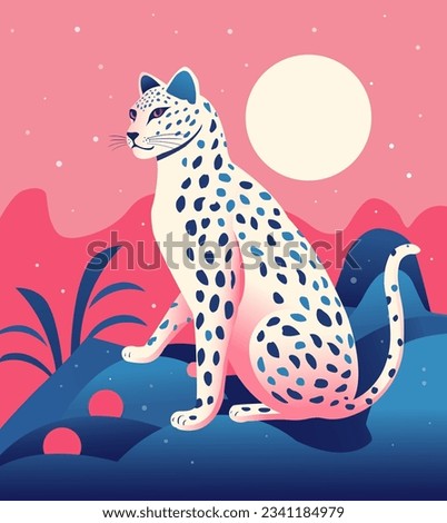 Colorful vector illustation of white leopard or jaguar on pink and blue gradient background with mountains, moon, flower. Magic concept. Trendy, groovy style. For poster, banner, greeting card.