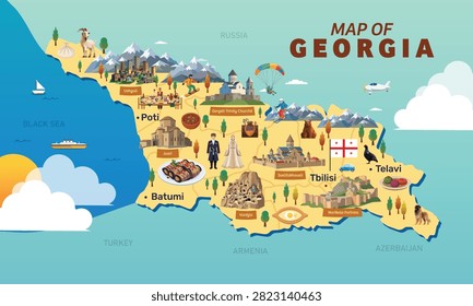 A colorful vector illustrated map of Georgia featuring major cities, famous architectural landmarks, traditional cuisine, local culture, and popular outdoor activities.