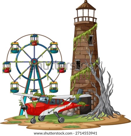Colorful vector illustration of abandoned lighthouse, rusted Ferris wheel, and grounded airplane with overgrown vegetation