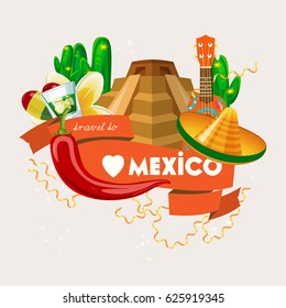 Colorful vector illustration about Mexico. Mexican elements