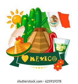 Colorful vector illustration about Mexico. Mexican elements