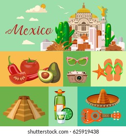 Colorful vector illustration about Mexico. Mexican elements