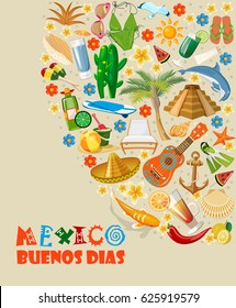 Colorful vector illustration about Mexico. Mexican elements. Text in spanish Buenos dias - Food morning