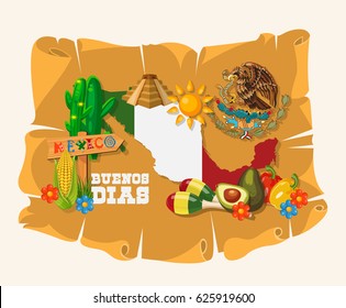 Colorful vector illustration about Mexico. Mexican elements. Text in spanish Buenos dias - Food morning