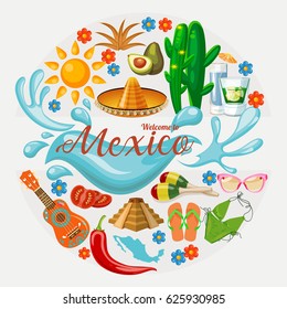 Colorful vector illustration about Mexico. Mexican elements