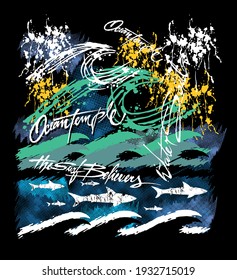 Colorful vector illustration of abstract art with waves, sharks, splashes and texture.