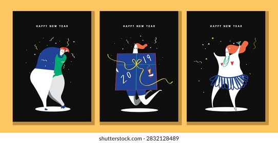 Colorful vector illustration of abstract characters celebrating New Year with festive outfits and confetti on a black background.