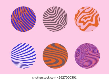 Colorful vector illustration of abstract circles, each with unique wavy, striped, and organic patterns in various vibrant colors on a light background. Modern, trendy, and eye-catching design.