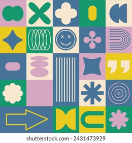 A colorful vector illustration of abstract geometric shapes, seamlessly patterned, with a playful and modern style