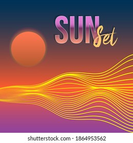 colorful vector illustration of abstract poster of hills wavy lines under the red sun and the inscription sunset