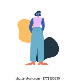 Colorful vector illustration with abstract shape on the background. Depiction of a girl in modern clothes. Lady with short hair.