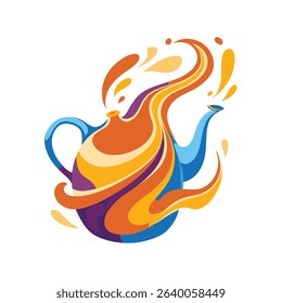 Colorful vector illustration of an abstract teapot pouring swirling beverages in vibrant colors
