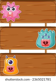 Colorful vector illustration of adorable alien creatures on a wooden signboard