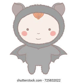 Colorful vector illustration of adorable little girl or boy in black bat costume, hand drawn style isolated on white background