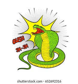 Colorful vector illustration of aggressive Cobra in the style of pop art. Bright green poisonous snake hissing and ready to attack. Vivid sketch drawing serpent isolated on white background