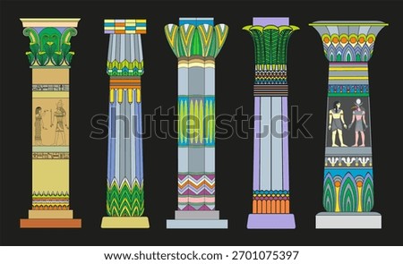 Colorful vector illustration of ancient Egyptian columns with ornamental patterns, hieroglyphs, and deities on a black background.