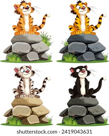 Colorful vector illustration of animated cats sitting on stones