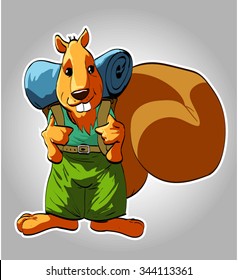 A colorful vector illustration of an anthropomorphic squirrel traveler with a backpack.