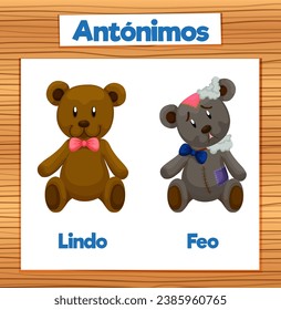 Colorful vector illustration of antonym word card in Spanish means nice and ugly