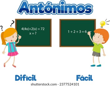 Colorful vector illustration of antonyms Dificil and Facil in Spanish means difficult and easy