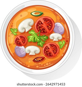 Colorful vector illustration of Asian soup with tomatoes, mushrooms, and herbs. Bright colors and top-down composition enhance visual appeal
