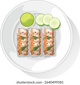 Colorful vector illustration of Asian spring rolls with cucumber slices and sauce, highlighting vibrant colors and detailed composition