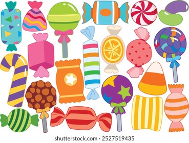 Colorful vector illustration of assorted candies, featuring vibrant colors and playful designs. Perfect for sweet-themed projects, holiday decor, and confectionery-related content.