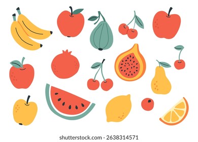 Colorful vector illustration of assorted fruits including banana, apple, fig, cherry, pear, citrus, papaya, and pomegranate. Perfect for healthy lifestyle, food design, and kitchen decor