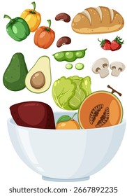 Colorida Ilustración vectorial de verduras variadas, frutas y trozos de pan que caen en un tazón blanco, con líneas limpias y estilo de diseño plano