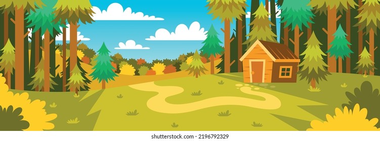 Colorful vector illustration of an autumn forest. Wide cartoon background with a forester house under the pine trees.